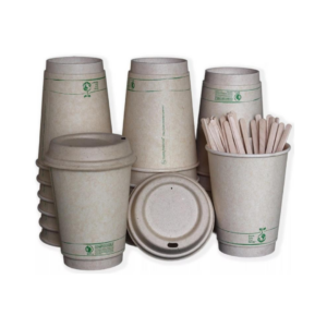 Compostable Coffee Cups with Bagasse Lids, Stirrers, and Integrated Sleeves