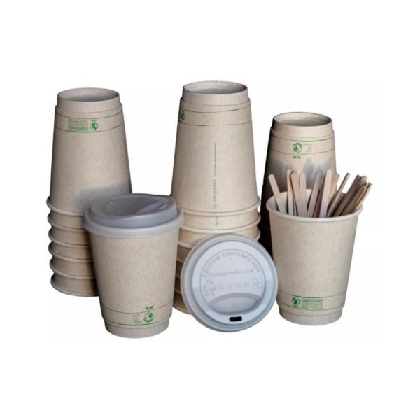 Compostable Coffee Cups with Lids, Stirrers, and Sleeves. Certified Biodegradable